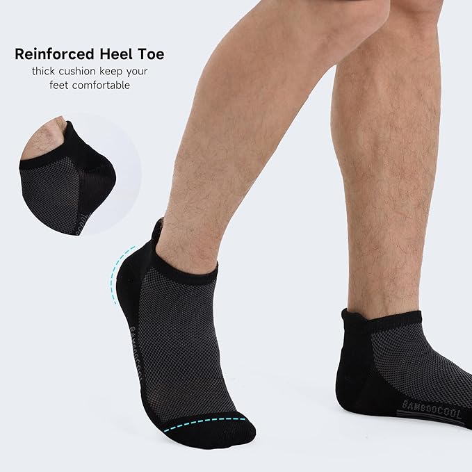 BAMBOO COOL Men's Ankle Socks Athletic Cushioned Moisture Wicking, Running Socks Arch Support Breathable, Heel Tab 8 Pack