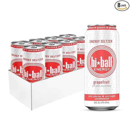 Hiball Energy Sparkling Water Zero Sugar and Zero Calorie Drink, Grapefruit, 16 Fl Oz ( 8 Count)