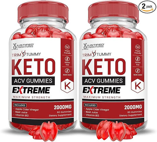 Justified Laboratories (2 Pack Trim Tummy Keto ACV Gummies Extreme 2000MG Trim Tummy Keto Gummies Apple Cider Vinegar Formulated with Pomegranate Beet Juice Powder B12 Vegan Non GMO 120 Gummys