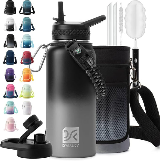 Insulated Water Bottle | Thickened Stainless Steel Vacuum Metal | Portable Sports Water Jug for Gym and Hiking with Straw, Carrier Bag, Handle Strap | BPA-Free 32 oz