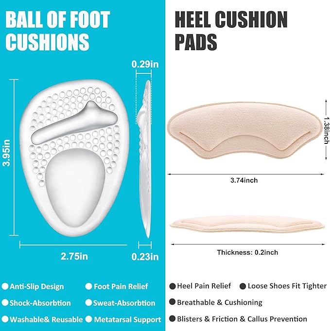 Heel Cushion Pads,Ball of Foot Cushions,Metatarsal Pads for Women, Heel Grips Liners for Heel Pain Relief, Blisters,Friction, Non-Slip Shoe Inserts for Loose Shoes Make Shoes Fit Tighter (4Pairs)