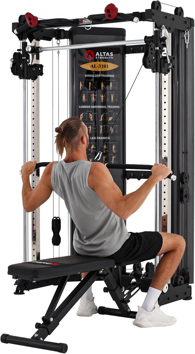 Altas Strength Folding Home Gym Smith Machine with Pulley System Gym Squat Rack Weight Bar Upper Body Strength Training Leg Developer Commercial Fitness Equipment Included Accessories 3101