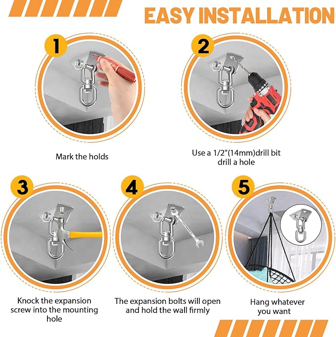 Hammock Hanging Kit, Porch Swing Hanging Kit 1200 Lb Capacity, Hammock Ceiling Hooks Heavy Duty 360°Rotating Hanging Swing Chair Hardware for Hammock Chair Stand, Porch, Yoga, Gym, Silver