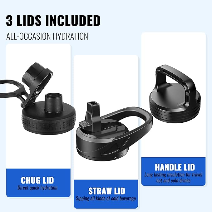 64oz Insulated Water Bottle with Straw, Half Gallon Stainless Steel Vacuum Water Jug, Large Thermal Water Bottle Flask with Leakproof 3 Lids for Travel, Camping, Gym Sports Black Gray