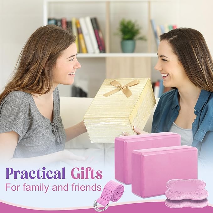 5 Pcs Yoga Blocks Knee Pads Yoga Strap Set Soft Premium Foam Blocks Accessories for Pilates Meditation General Fitness Stability, Kneeling, Balance, Deepen Stretches and Toning