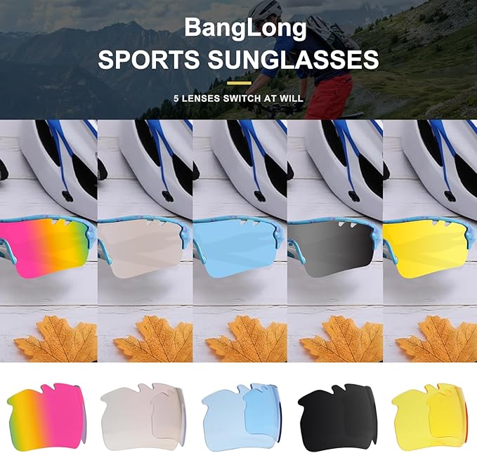 BangLong Polarized Sports Sunglasses Cycling Sun Glasses for Men Women with 5 Interchangeable Lenes for Running Baseball Golf