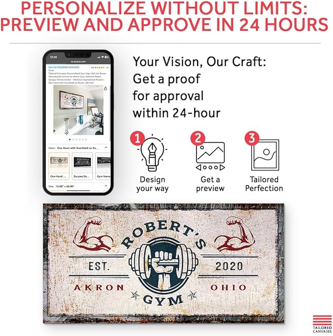Tailored Canvases Personalized Gym Sign Wall Art Decor - Motivational Canvas for Home Gym, Workout Room, Garage, Fitness Center - Workout Inspirational Posters - One Hand with Dumbbell on Rustic, 60x30in
