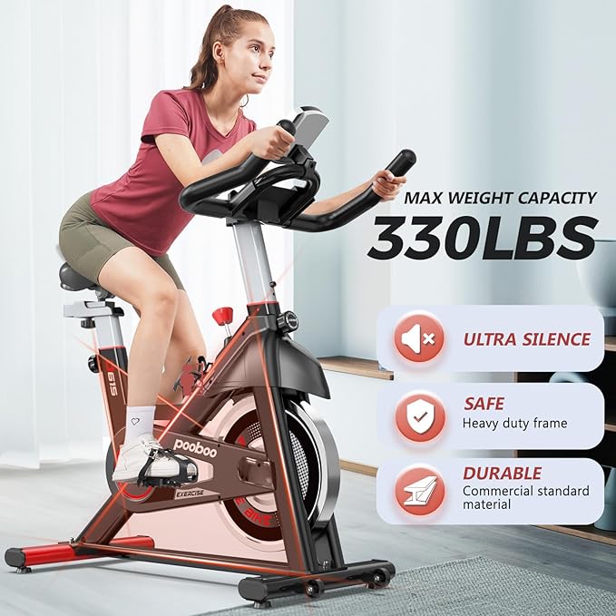 POOBOO Exercise Bike, Stationary Bike for Home Gym, Indoor Cycling Bike w/Comfortable Seat Cushion & Tablet Mount, Silent Belt Drive Indoor Bike for Cardio Workout