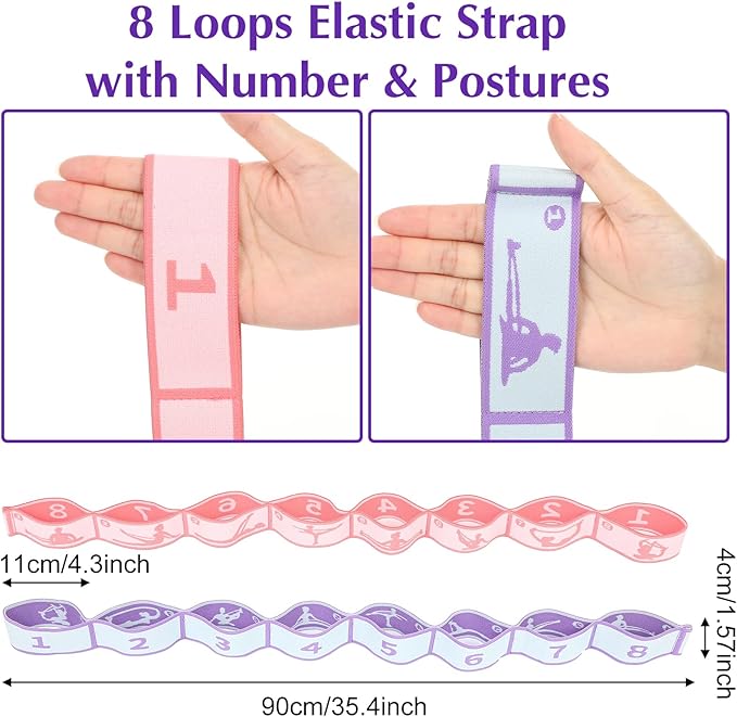 2 Pcs Yoga Stretching Strap Elastic Strap with Loops for Physical Multi-Loops Adjustable Exercise Bands Therapy Dance Yoga Pilates Gymnastics Flexible Pilates Stretch Band for Women Men