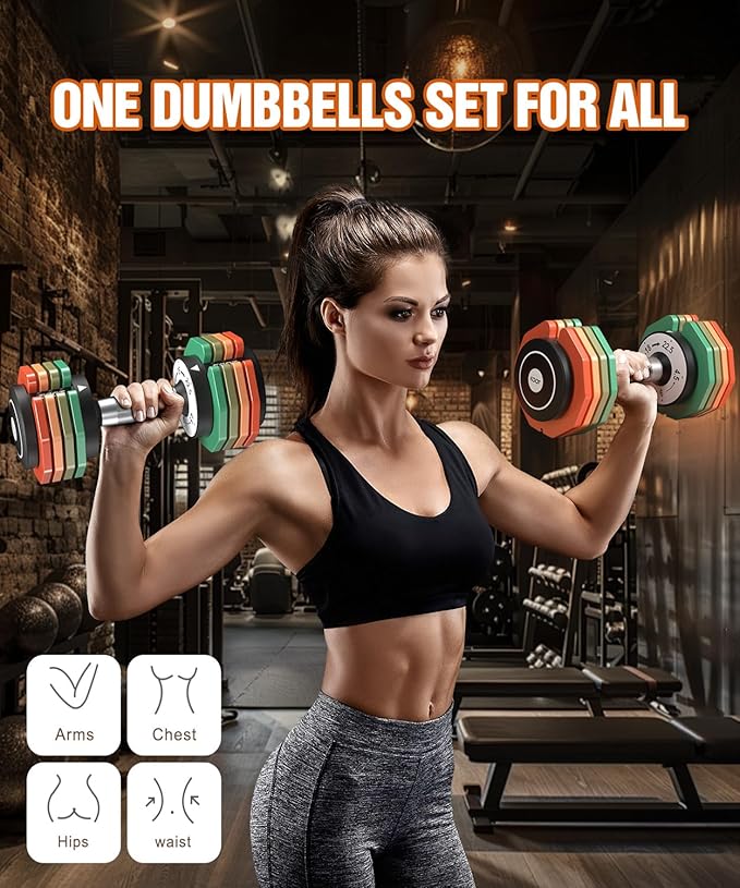 Adjustable Dumbbells Set/Single, 12.5LB/22.5LB/55LB 5 in 1 Free Adjustable Dumbbell Set with Anti-Slip Handle & Rainbow-colored Weight Plates for Home Gym, Weight Set for Women Men