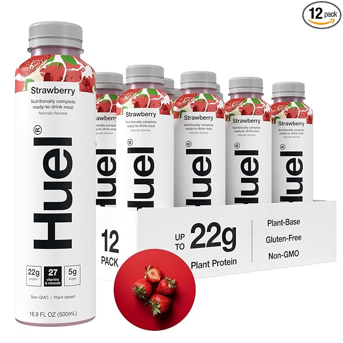 Huel Ready-to-Drink | Strawberry Shortcake Meal Replacement Drink | High Protein Drink | Nutritionally Complete, Low Sugar, High Fiber, Plant Based, Vegan, Healthy | 22g Protein Per Bottle, 16.9 Fl Oz (12 Pack)