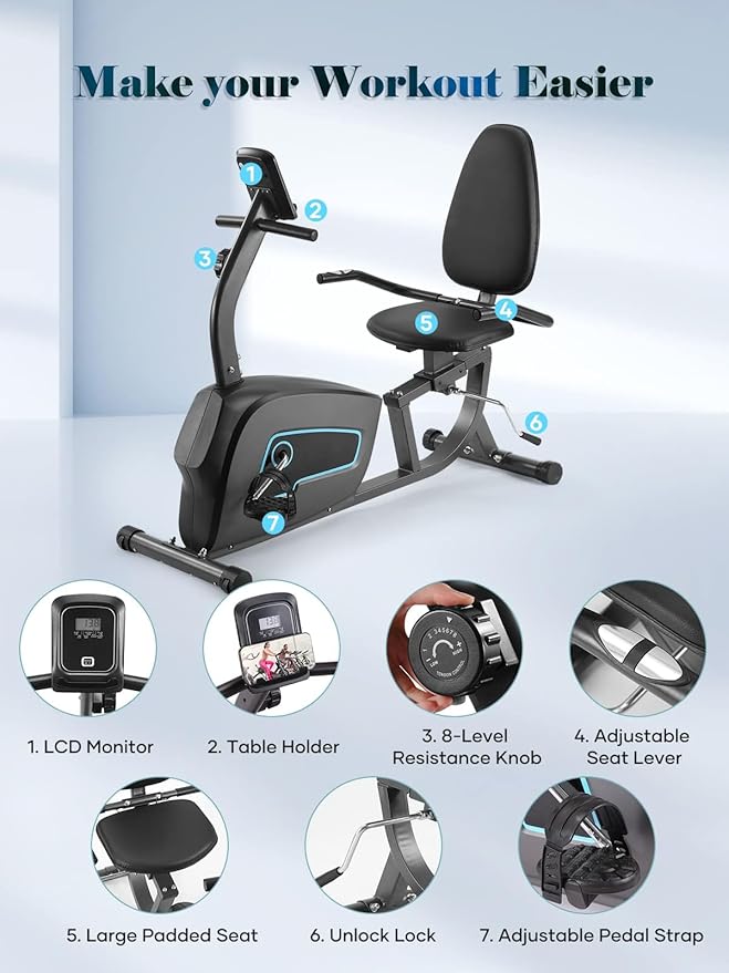 Exercise Bike Recumbent Exercise Bike for Home Stationary Bike Sturdy Quiet 8 Levels Large Comfortable Seat Heart Rate Handle & Device Holder 300 LB Weight Capacity