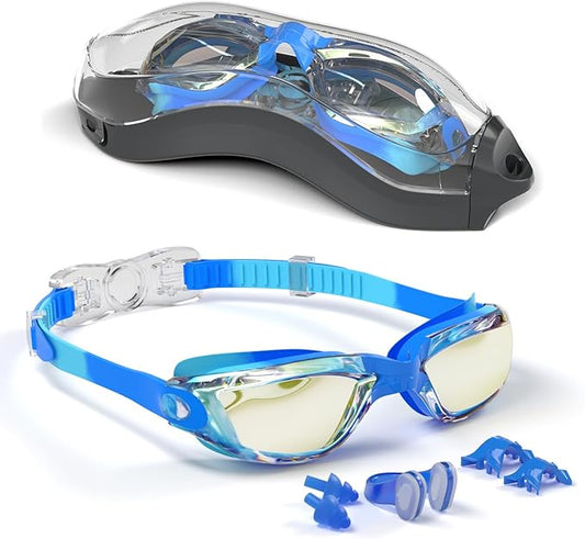 Kids Swim Goggles, Swimming Goggles for Kids with Nose Clip, Earplugs, Nose Bridge for Age 3-15
