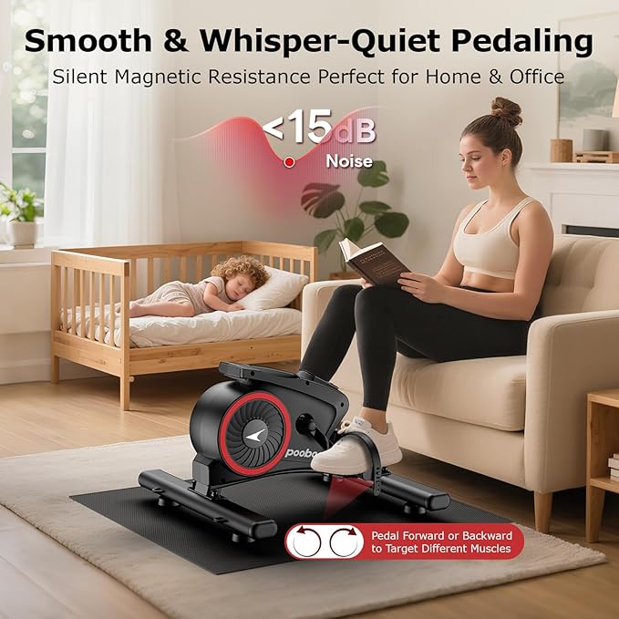 pooboo Under Desk Bike Pedal Exerciser, Quiet Magnetic Mini Exercise Bike with 16 Resistance Levels, Arm & Leg Workout, Resistance Bands & Non-Slip Mat for Home Office Therapy