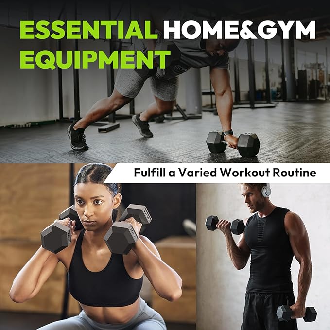 Hex Dumbbell 40-125 lb, Rubber Encased Exercise & Fitness Dumbbells, Hand Weight for Strength Training