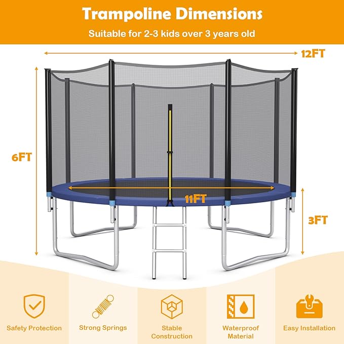 GYMAX Trampoline, 8FT 10FT 12FT 14FT 15FT 16FT Recreational Trampolines w/Safety Enclosure Net & Ladder - ASTM Certificated, Outdoor Trampoline for Kids and Adults