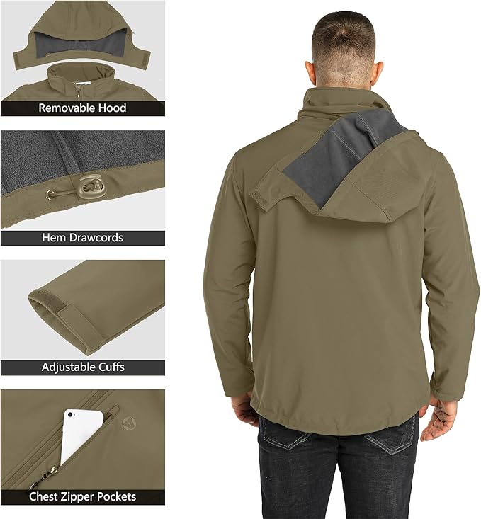 Outdoor Ventures Men's Lightweight Softshell Jacket Fleece Lined Hooded Water Resistant Winter Hiking Windbreaker Jackets