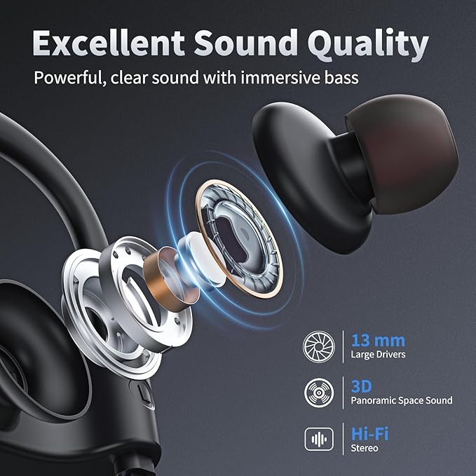 JOYWISE Bluetooth Headphones, Wireless Earbuds Bluetooth 5.3 Headphones with 16Hrs Playtime Stereo Bass Headsets, IPX7 Waterproof Running Earphones for Sports, Black