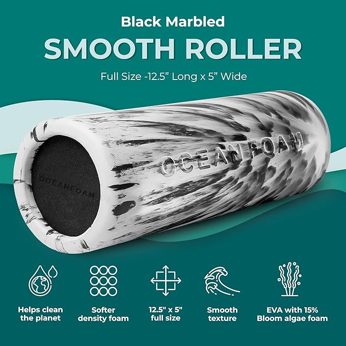 Oceanfoam Smooth Soft Foam Roller (Black Marbled) - Beginner, Travel Sized Low Density Foam Roller for Home & Gym, Physical Therapy, Back Pain, & Exercise - Yoga & Athletics (12.5" x 5")