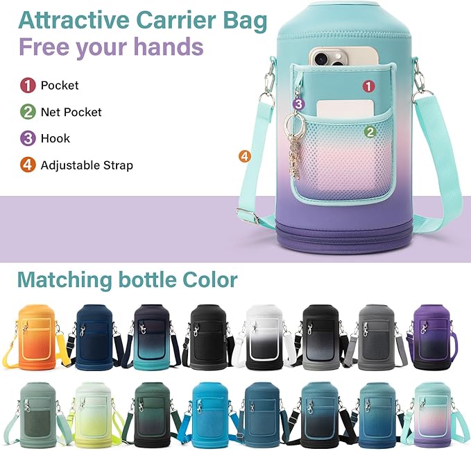 1 Gallon Water Bottle Insulated | Thickened Stainless Steel Vacuum Metal Water Jug | Portable Sports Large for Gym and Hiking with Straw, Carrier Bag, Handle Strap | BPA-Free 128 oz