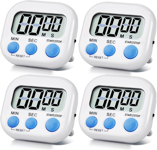 4 Pack White Digital Kitchen Timer Magnetic Digital Timer with Big Display Loud Ring Cooking Timers for Cooking, Game, Gym, Break Time, Classroom (4, White)