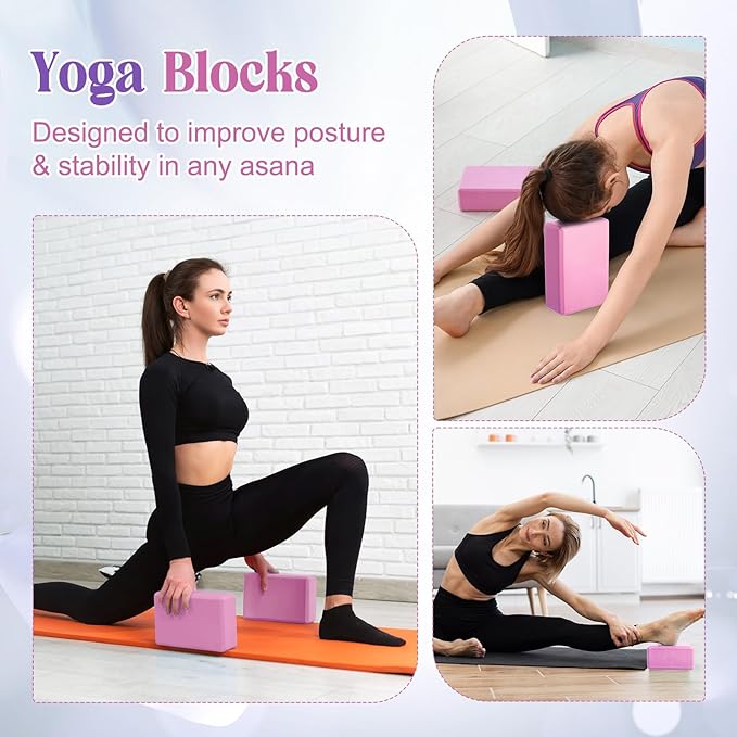 5 Pcs Yoga Blocks Knee Pads Yoga Strap Set Soft Premium Foam Blocks Accessories for Pilates Meditation General Fitness Stability, Kneeling, Balance, Deepen Stretches and Toning
