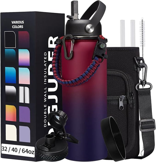 40OZ Stainless-steel Water-Bottle with Straw - Pop-up Spout & Straw Lids, Survival Paracord Handle, Storage Sleeve & Cup Mat, Leak Proof Reusable Insulated Men Women Water Jug for Gym Workout