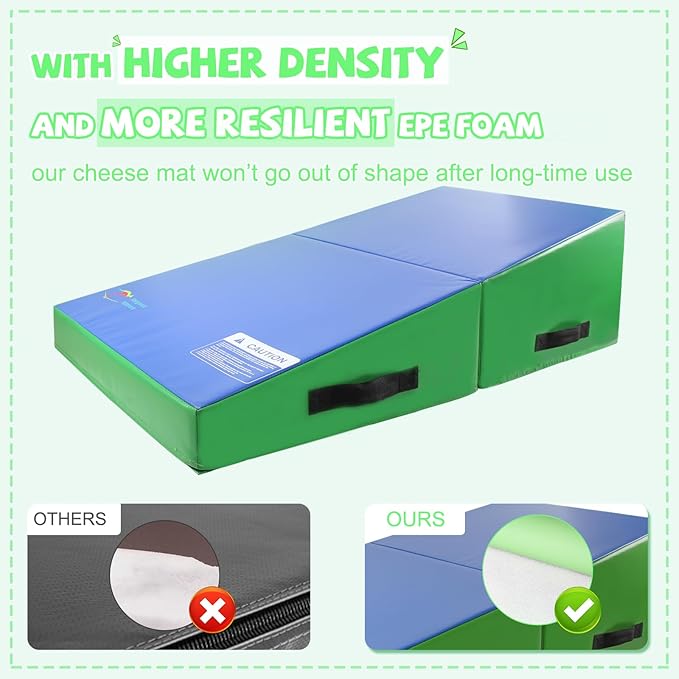 Kangaroo Hoppers Incline Gymnastics Mat, 48”x24”x14” / 56"x28"x15" / 34”x24”x13” Folding Wedge for Kids Tumbling, Skill Training, Multiple Colors Cheese Mat for Gymnastics, Home Gym Exercise