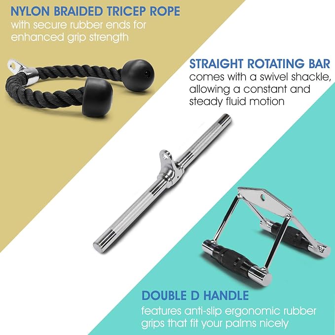 Yes4All Tricep Press Down Cable Machine Attachment Set, LAT Pulldown Attachment, Cable Machine Accessories for Home Gym