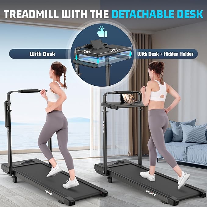 Walking Pad Treadmill with Desk Workstation, 10% Incline Foldable Treadmill with Handrail, 300lbs Capacity, 3 Control Methods, 8 in 1 Folding Treadmills for Home Office