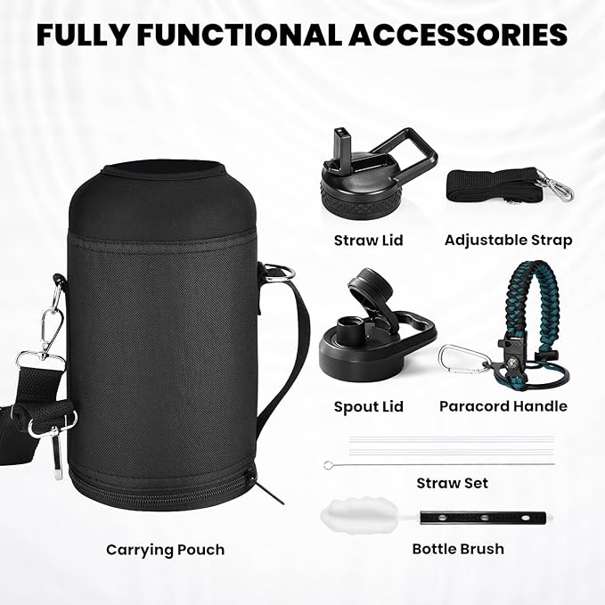 Insulated Water Bottle 64 oz, Triple Wall Vacuum Stainless Steel (Cold for 48 Hrs), Leak Proof & Non-BPA, Half Gallon Water Flask Jug with Paracord Handle & Straw Spout Lids