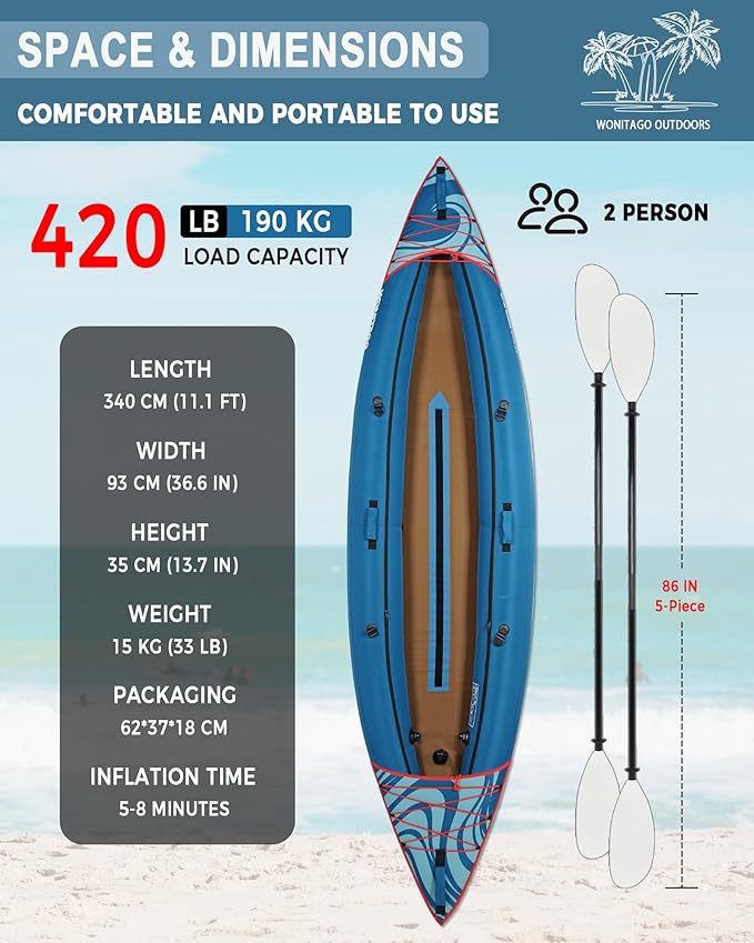 Inflatable Kayak, Portable Ripstop Oxford Cloth Recreational Touring Kayak with Fiberglass Kayak Paddle, Hand Pump and Carrying Bag, 1/2 Person