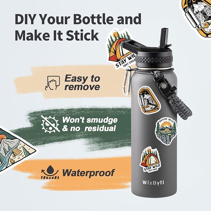 40 oz Insulated Water Bottle with Straw (Cold for 48 Hrs), Stainless Steel Triple Wall Vacuum Sports Water Jug, Leakproof Hydro Cup Flask with Paracord Handle & Straw Spout Lids & DIY Stickers