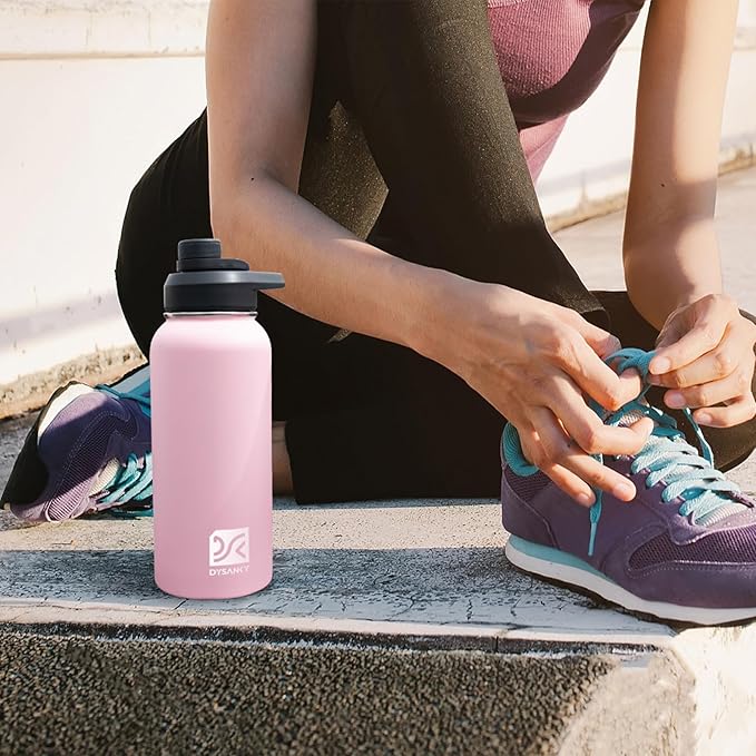 Insulated Water Bottle | Thickened Stainless Steel Vacuum Metal | Portable Sports Water Jug for Gym and Hiking with Straw, Carrier Bag, Handle Strap | BPA-Free 32 oz, Pink