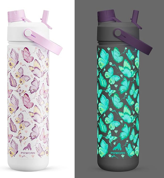26 oz Insulated Water Bottle with 2-in-1 Straw and Spout Lid, Glow-in-the-Dark, 24H Cold, Leakproof, Fits in Car Cup Holder, Stainless Steel for Sports, Travel, and School (Luminous Flutter)