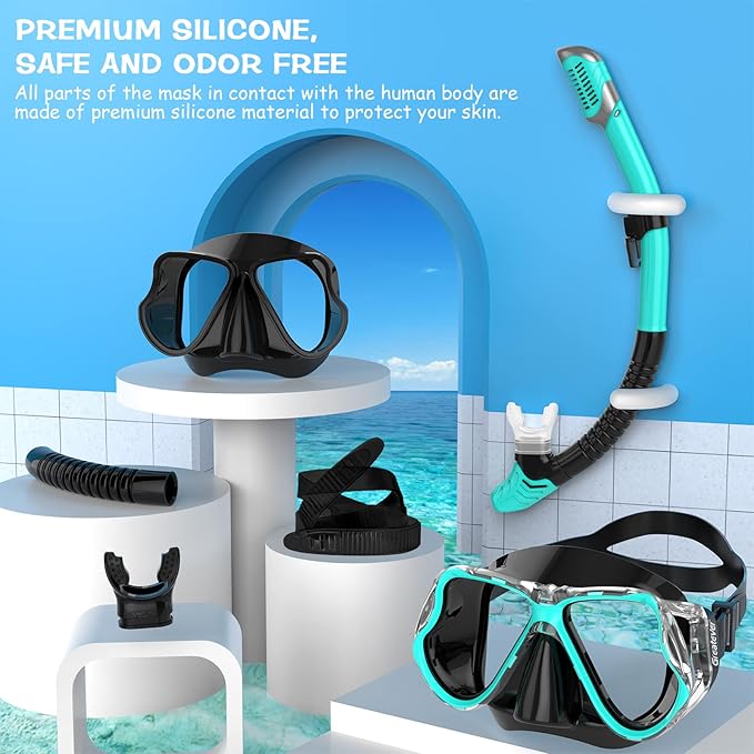 Greatever Dry Snorkel Set,Panoramic Wide View,Anti-Fog Scuba Diving Mask,Professional Snorkeling Gear