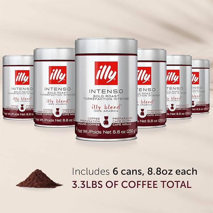 Illy Ground Drip Coffee - Intenso Bold Roast - Bold & Flavorful - 100% Arabica - Pre-Ground for Drip Pour Over - Pressurized Packaging Sealed for Freshness - 8.8oz (Pack of 6)