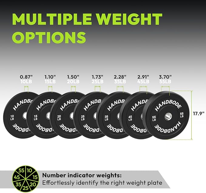 Colored Bumper Weight Plates Olympic Weight Plate Set 2-Inch, 10/15/20/25/35/45/55 lb Barbell Weight Plates Set for Home Gym, Rubber Strength Training Weights Plates for Weight Lifting