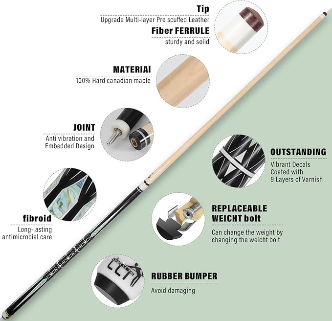 58-Inch Maple Wood Pool Cue, 2-Piece Design, 18oz-21oz ??Durable Billiard Stick with Leather Case for Home, Bar, and Competitive Play