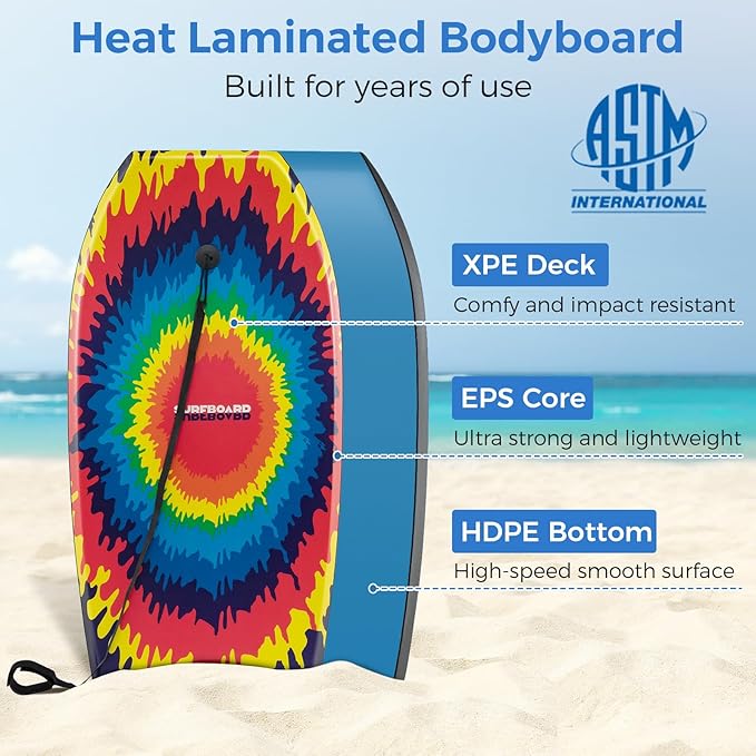 Goplus 41''/37''/33'' Lightweight Body Board for Beach, Surf Board with EPS Core, XPE Deck, HDPE Slick Bottom, Wrist Leash, Bodyboard for Kids Adults Surfing