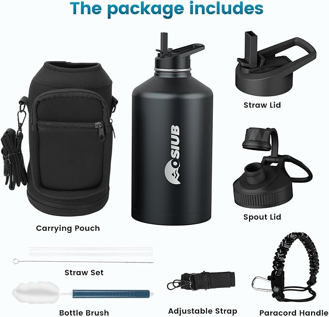 Insulated Water Bottle 128 oz, Triple Wall Vacuum Stainless Steel(Cold for 48 Hrs),Leak Proof & BPA-Free,One Gallon Water Bottle with Reflective Paracord & Flip Straw for Sports & Travel, Black
