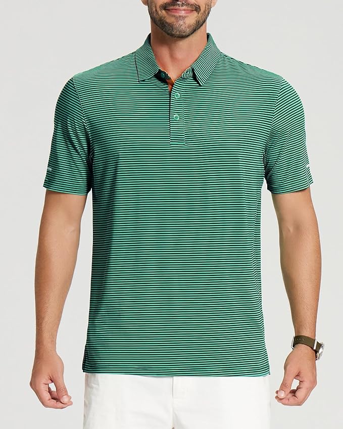 Golf Shirts for Men - Moisture Wicking Short Sleeve Performance Sport Casual Striped Collared Mens Polo Shirt