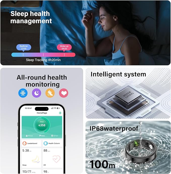 Smart Ring Health Tracker, Fitness Sleep and Heart Rate Monitor Smart Ring, Waterproof Bluetooth Fitness Tracker Ring IPX68 Waterproof (Rose Gold, 8)