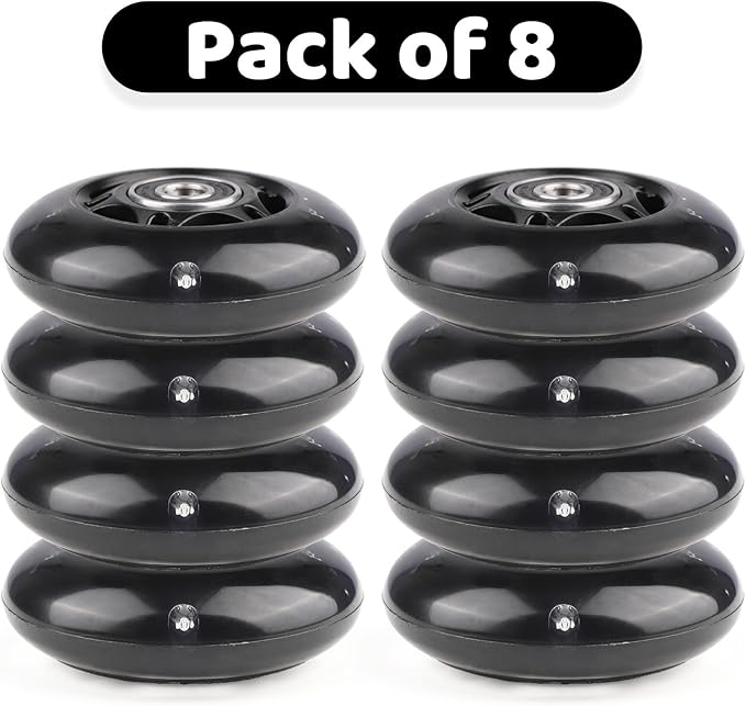 8pcs Inline Skate Wheels Led Light-Up Wheels 64/70/72/76/80mm w/Bushings 85-88A for Kids and Youth Beginners Children's Inline Skates Indoor/Outdoor Use (Black, 70mm)