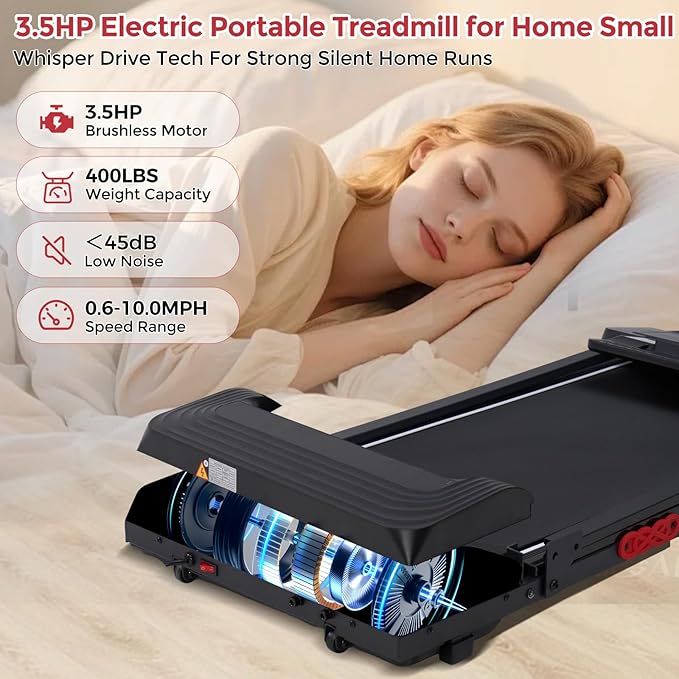 Compact Walking Pad with Handle Bar, 3.5HP Electric Portable Walking Pad Treadmills with Handles for Home Small Spaces, 0.6-10MPH Home Small Treadmill with Big Screen for Office Apartment, 400LBS