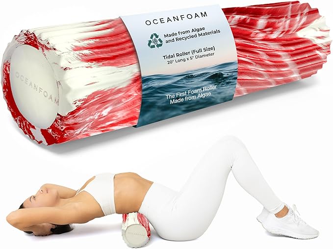 Oceanfoam Tidal Roller - Red Marbled - Muscle Massage Foam Roller for Back Pain & Stretching - Firm and Ergonomic Wide Wave Textured - Yoga, Athletics, & Wellness - Full Size, 20" x 5"