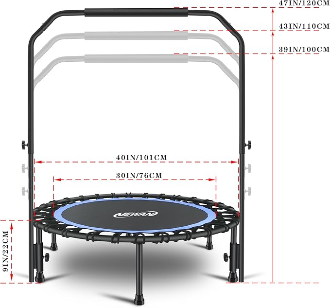 Newan 40" Silent Mini Trampoline with Adjustable Handle Bar Fitness Trampoline Bungee Rebounder Jumping Cardio Trainer Workout for Adults - Max Limit 330 lbs