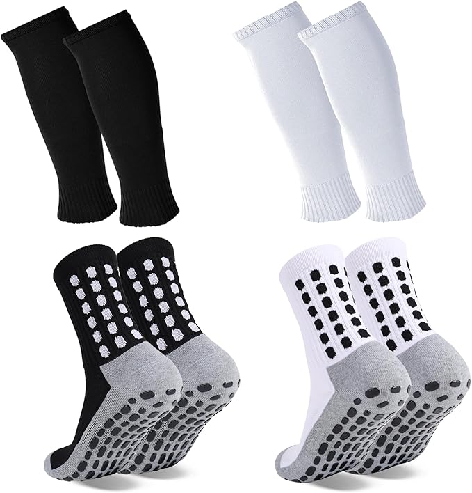 2 Set Grip Soccer Socks with Shin Guard Sleeves Non Slip Soccer Leg Sleeve Socks for Men Women