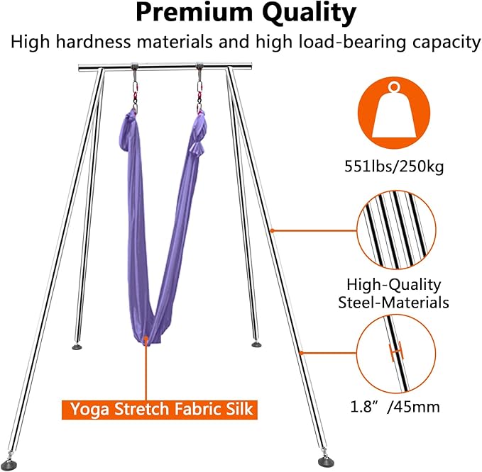 TECSPEC 9.6 FT/115.3 Inch Adjustable Height Aerial Yoga Frame & Hammock, Professional Swing Stand with 18 FT/33FT Aerial Silk, 550lbs Max Capacity