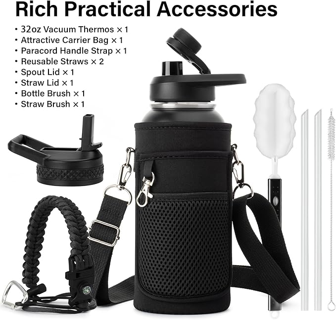 Insulated Water Bottle | Thickened Stainless Steel Vacuum Metal | Portable Sports Water Jug for Gym and Hiking with Straw, Carrier Bag, Handle Strap | BPA-Free 32 oz